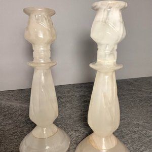 White Stone Carved Candle Holders Heavy